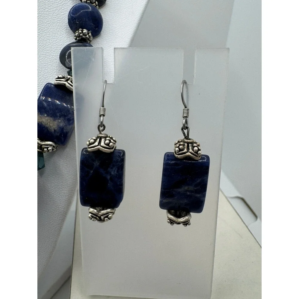 Blue Sodalite Stone Necklace Earring Set Silver Tone Beaded Statement Artisan